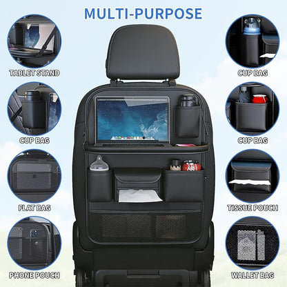 Car Seat Back Organizer with Foldable Tray, Car Seat Back Protector, Premium Leather Kick Mats, Multiple Storage Pockets, Travel Accessories for SUV Truck (Long) - Image 4