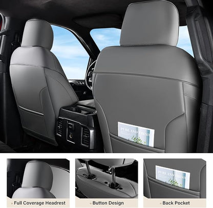 Coverado Premium Leather Truck Front Seat Covers – Custom Fit, Waterproof, Heavy Duty, Anti-Spill, Scratch Resistant Protector for Ford F150 2015-2026, F250-F450, BGray - Image 2