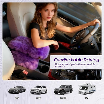 Fluffy Car Armrest Cover with Side Pockets – Plush Fuzzy Fur Center Console Armrest Cushion Pad, Universal Winter Car Interior Protector, Soft Arm Rest Cover with Storage for Women & Men (PURPLE) - Image 6