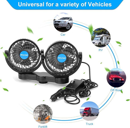 12V Car Clip Fans, Adjustable Dual Head Clip Fan 360° Rotatable Cooling Air Fan, 4'' Electric Auto Car Fans with Cigarette Lighter Plug for Vehicles, RV, SUV - Image 2