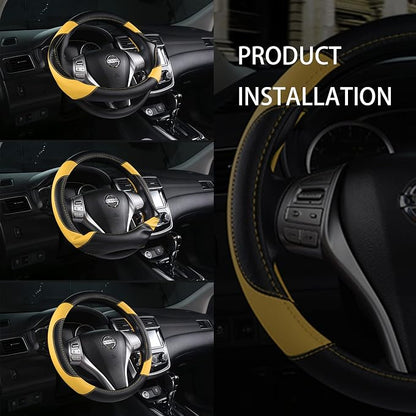 Leather Car Steering Wheel Cover, Universal Fit for Most Cars, Black&Yellow | Microfiber Leather,Non-Slip Breathable Auto Steering Wheel Protector - Image 7