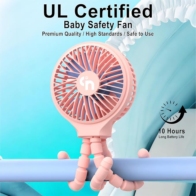 Portable Stroller Fan, USB or Rechargeable Battery Operated with 3 Speeds and 360°Rotate, Cooling Clip On for Baby Crib Travel Car Seat Pink - Image 2