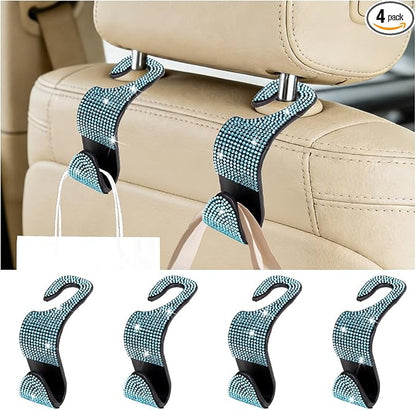 4PCS Bling Car Seat Headrest Hook, Crystal Rhinestone Backseat Hanger Organizer for Purse Handbag Umbrella, Shiny Auto Interior Seat Back Storage Holder Hook, Universal Fit (Blue) by Unknown