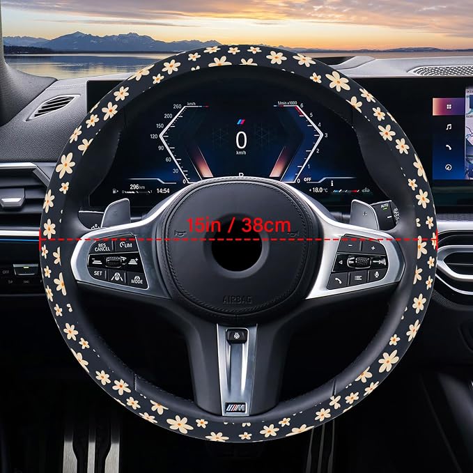 Steering Wheel Cover Neoprene Material Most Cars Men&Women Universal 15 inch Premium Non-Slip Spring Steering Wheel Protector Floral Car Accessories (Daisy Flower) - Image 3