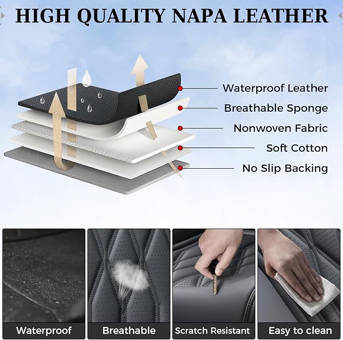 Coverado Seat Covers FullSet, 5 Seats Car Seat Protector, Waterproof Nappa Leather Cushion, Front & Rear Fit for Most Sedans SUV Pick-up Truck-Black - Image 8