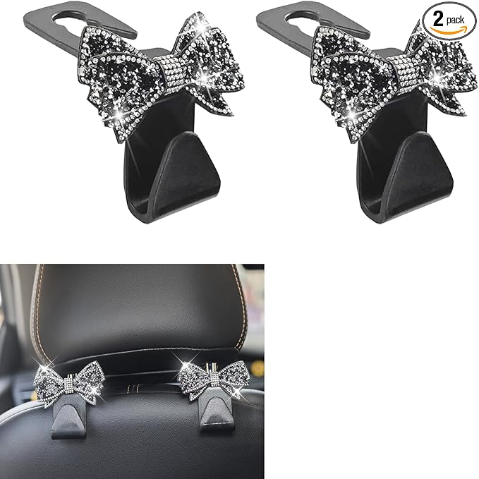 2 PCS Bling Car Seat Headrest Hooks, S-Type Crystal Rhinestone Bow, Universal Seat Back Storage for Purses Bags Groceries, Black Decorative Vehicle Organizer by Unknown