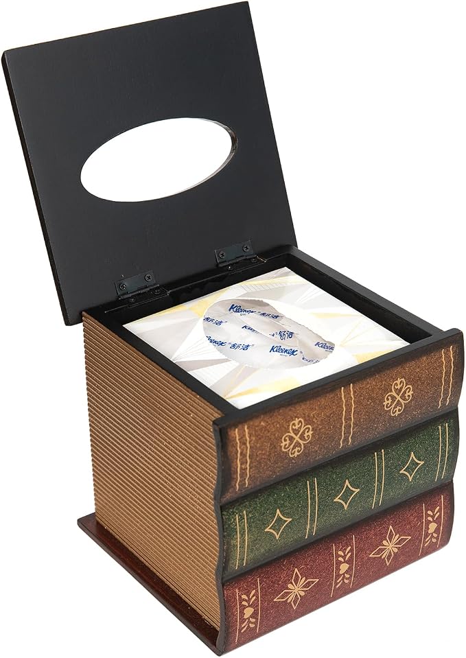 Crafted Classical Retro Wooden Antique Book Tissue Box Cover Square Tissue Holder Dispenser Paper Cover Case Napkin Holder Home Decor for Bathroom Living Room Office car Kitchen (Brown) - Image 3