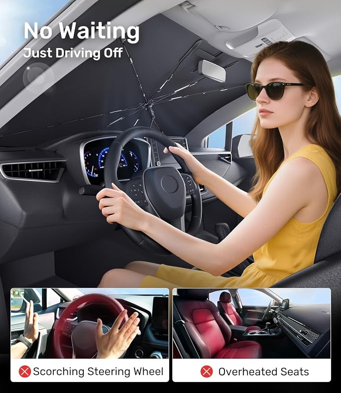 Zanch 2026 Upgraded Car Windshield Sun Shade [Cool Down by 75℉ ] with Heat Insulation Coating, Foldable Sunshade Umbrella Flexible Handle & Ribs, Medium (57''x32'') for Car, SUV, Truck, Van - Image 7