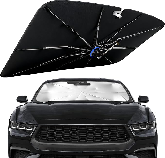 Windshield Sun Shade for Ford Mustang 2024-2026 with 360° Rotating Shaft | Custom Fit Umbrella Sunshade for UV Blocking, Interior Heat Protection, Easy Storage, UPF 50+ Cool Windshield Cover by Lonyaqui