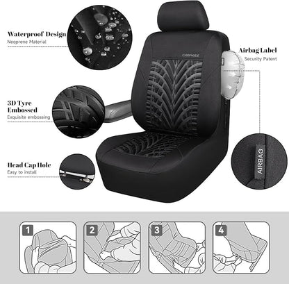 CAR PASS Neoprene Waterproof Seat Covers,Wetsuit Car Seat Covers Front Seats Universal Fit for Vans, Truck, SUV Two Front Only, 3D Tyre Embossed Anti Slip with Armrests, Airbag Compatible(Black) - Image 4