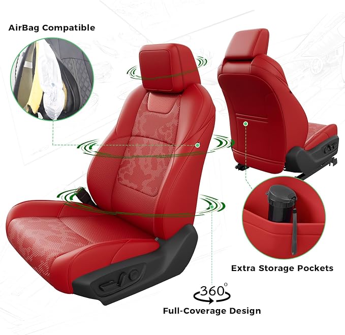 RIDEPOSH Custom Leather Seat Covers for Toyota Tacoma Double Cab 2024-2026 | full set, camo red, OEM fit, premium waterproof leather, anti-slip, extra pockets, long-term durability, airbag compatible - Image 4