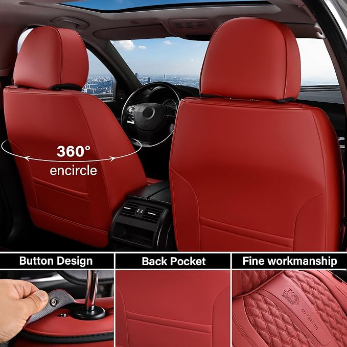 Coverado Car Seat Covers Full Set, Red Seat Covers for Car with Lumbar Support, Nappa Leather Seat Covers Waterproof Car Seat Protectors Universal Fit for Most Cars SUV Trucks - Image 6