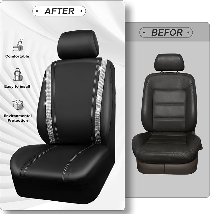 CAR PASS Leather Bling Diamond Car Seat Cover 2 Front Interior Sets, Waterproof Universal Shining Glitter Crystal Sparkle Fit for 95% Automotive Truck SUV Cute Women Girl, Black Silver Rhinestone - Image 5