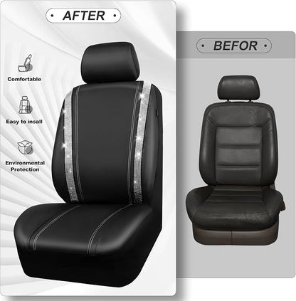 CAR PASS Leather Bling Diamond Car Seat Cover 2 Front Interior Sets, Waterproof Universal Shining Glitter Crystal Sparkle Fit for 95% Automotive Truck SUV Cute Women Girl, Black Silver Rhinestone - Image 5