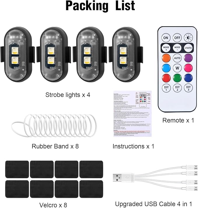 4PCS Wireless LED Strobe Lights with Remote Control, 8 Colors Rechargeable Led Lights Anti-Collision LED Emergency Warning Lights for Car Motorcycle Bike Drone Aircraft - Image 7
