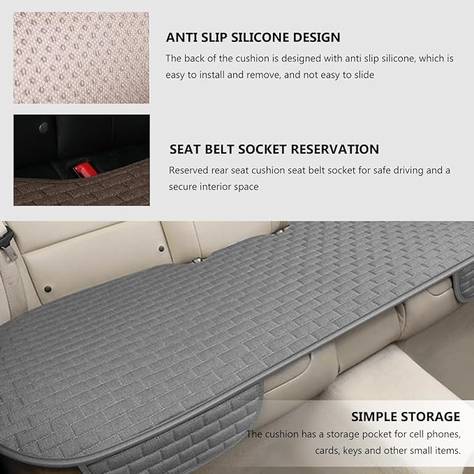Car Seat Cover for Rear Seats, Comfortable Linen Seats Cushion Pad Mat with Storage Pockets, Anti-Slip Breathable Bottom Long Rear Seat Cover Protector for SUV Truck Van (Gray) - Image 3