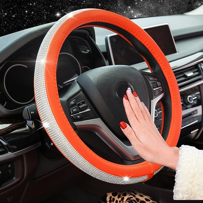 New Diamond Leather Steering Wheel Cover with Bling Crystal Rhinestones | Universal Fit 15 Inch Car Wheel Protector for Women Girls Orange - Image 4