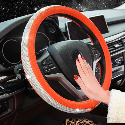 New Diamond Leather Steering Wheel Cover with Bling Crystal Rhinestones | Universal Fit 15 Inch Car Wheel Protector for Women Girls Orange by ChuLian