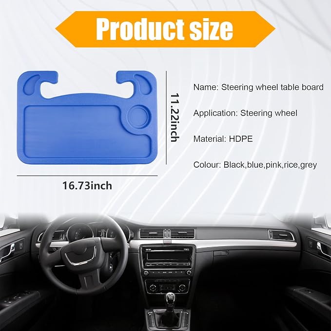 Dickno Car Steering Wheel Desk, Multipurpose Auto Steering Wheel Tray with Drink Holder, Steering Wheel Food Tray for Eating, Universal Vehicle Travel Accessories for Constant Travelers (Blue) - Image 2