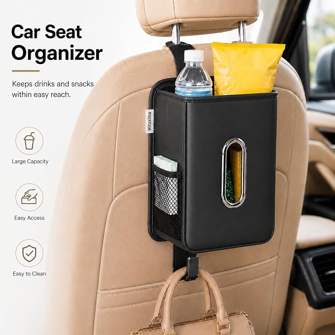 Witaxima Multifunction Leather Car Tissue Holder with Headrest Hook 2 Pack | Car Small Trash Can & Seat Back Organizer PU Leather kleenex holder for 120-150 Tissues Keep Car Tidy, Black - Image 7