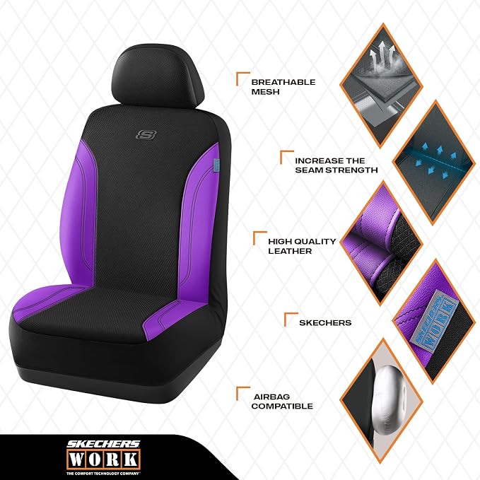 Skechers Work Seat Covers, Leather Seat Covers 5-Times Stronger Built-in Webbing, Oxford Fabric Front Seat Cover, Airbag Compatible, Automotive Comfort for Cars, Trucks, SUVs,Purple - Image 3