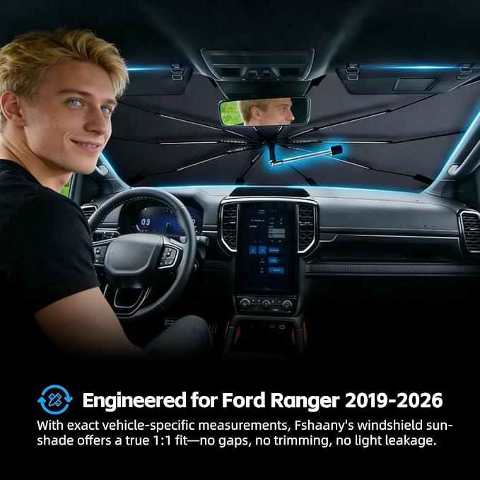 Windshield Sun Shade Umbrella for Ford Ranger 2019-2026 Front Window Shield | Heat-Reflective Window Shade, Umbrella Sunshade Cover Blocks Heat, Protects Interior, Vehicle-Specific Precision Fit - Image 2