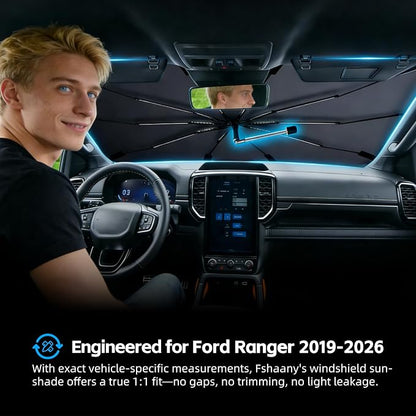 Windshield Sun Shade Umbrella for Ford Ranger 2019-2026 Front Window Shield | Heat-Reflective Window Shade, Umbrella Sunshade Cover Blocks Heat, Protects Interior, Vehicle-Specific Precision Fit - Image 2