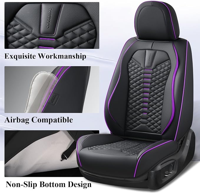 Coverado Leather Seat Covers, Car Seat Covers Full Set, Nappa Leather Seat Covers for Cars, Car Seat Protectors Waterproof, 5 Seats Black&Purple Automotive Seat Covers Fit for Most Cars Trucks - Image 4