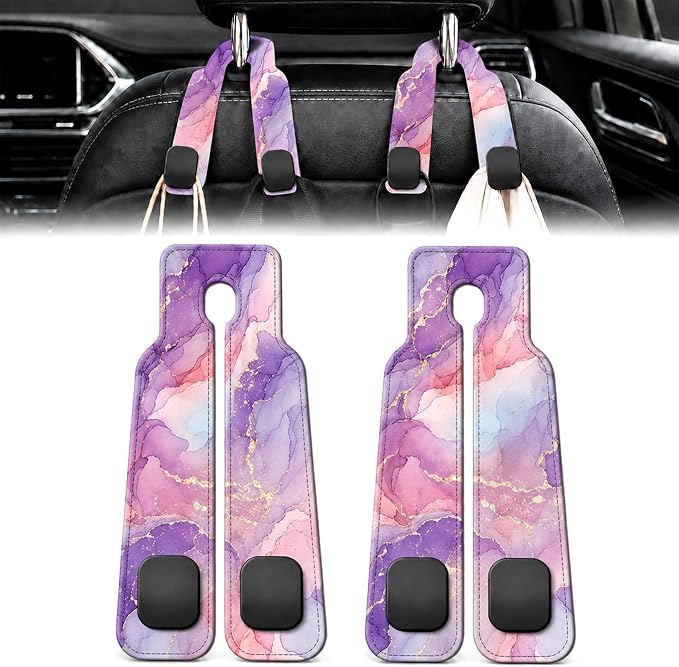 2 Pack Marble Pattern Car Headrest Hooks for Purse Bag Seat Back Hanger | Alcohol Ink Aesthetic Car Accessories Metal Hook,Luxury Gifts for Women Men,PU Leather Double Hook for Backseat Organizer by Z-synka