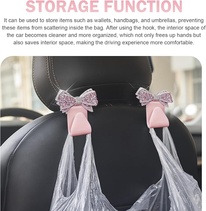 2 PCS Bling Bow Purse Hook for Car, Cute Seat Headrest Hooks, Automotive Interior Decoration Accessories, Universal for Most Cars, Trucks, SUVs (Pink) - Image 4