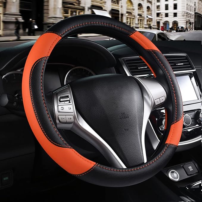 Leather Car Steering Wheel Cover, Universal Fit for Most Cars, Orange-2 | Microfiber Leather,Non-Slip Breathable Auto Steering Wheel Protector by Szttswamp