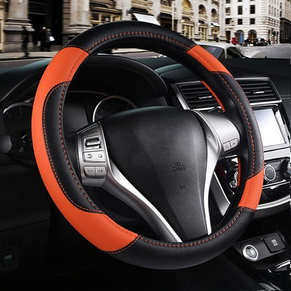 Leather Car Steering Wheel Cover, Universal Fit for Most Cars, Orange-2 | Microfiber Leather,Non-Slip Breathable Auto Steering Wheel Protector by Szttswamp