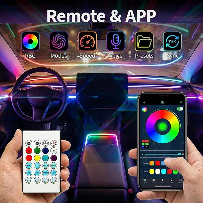 Ambient Lighting Car Led Lights Interior Kit,6 in 1 RGB Music Sync Acrylic Led Lights for Car Interior,175 inches DIY Fiber Optic Neon Accent Strip Ambiance Lighting with Wireless APP Remote - Image 3