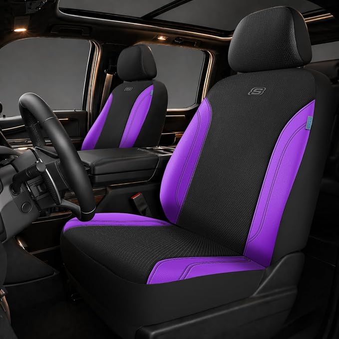 Skechers Work Seat Covers, Leather Seat Covers 5-Times Stronger Built-in Webbing, Oxford Fabric Front Seat Cover, Airbag Compatible, Automotive Comfort for Cars, Trucks, SUVs,Purple by Unknown