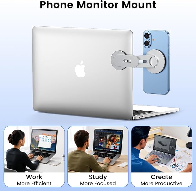 Magnetic Phone Holder for Laptop, MagSafe Laptop Phone Mount for iPhone 17/16/15/14/13/12 & All Phones, 180°Adjustable, Magnetic Phone Holder for Tesla Monitor (Silver) - Image 9