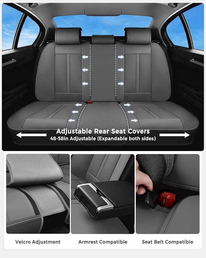Huidasource Gray Seat Covers Luxury Nappa Leather, Car Seat Cover with Velcro Adjustable, Airbag, Lumbar Support, Cooling and Heating, Seat Covers for Universal Fit for Most Cars SUV Trucks, Gray - Image 3