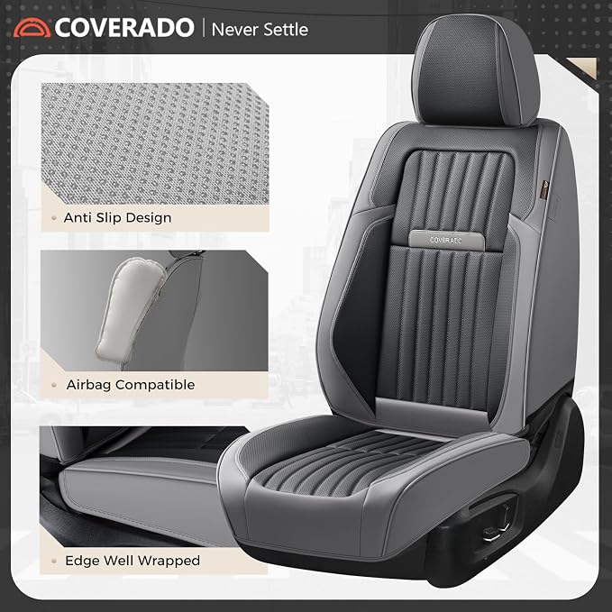 Coverado Car Seat Covers Full Set, Seat Covers for Cars, Car Seat Cover, Car Seat Protector, Leather Car Seat Cushion, Waterproof Car Seat Covers Front Seats and Back Fit for Most Cars(Gray&Black) - Image 7