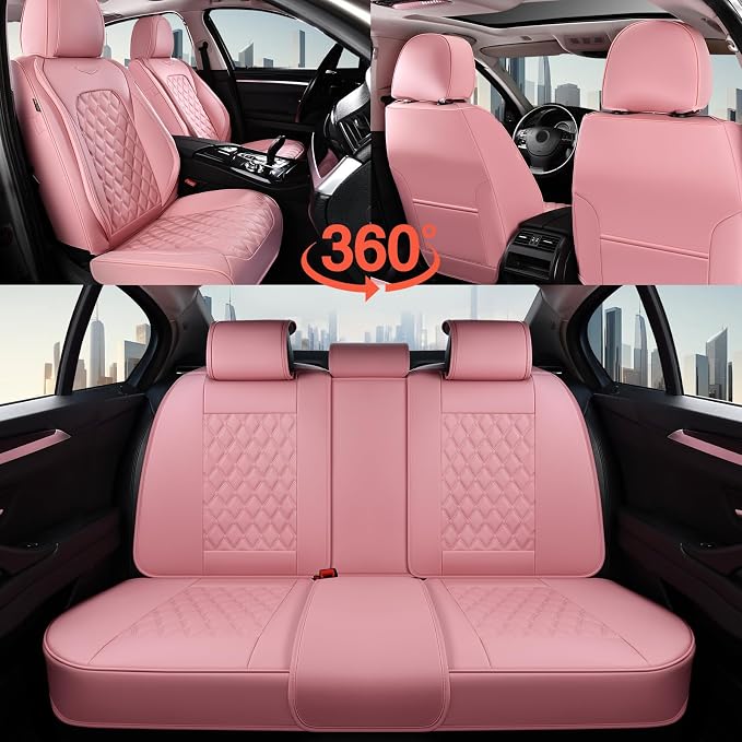 Coverado Full Set Car Seat Covers, Luxury Faux Leather Waterproof Seat Covers, Pink Car Seat Protectors, Universal Fit for Most Cars, Automotive Seat Covers-Pink - Image 6