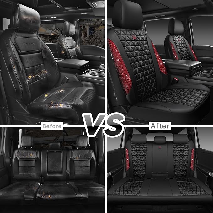 CAR PASS Bling Diamond Black Red Leather Car Seat Covers Full Set, Waterproof Shining Glitter Sparkly Crystal Universal Armrest Fit Automotive Truck SUV Women Girl, Rhinestone Interior Cover Set, Red - Image 6