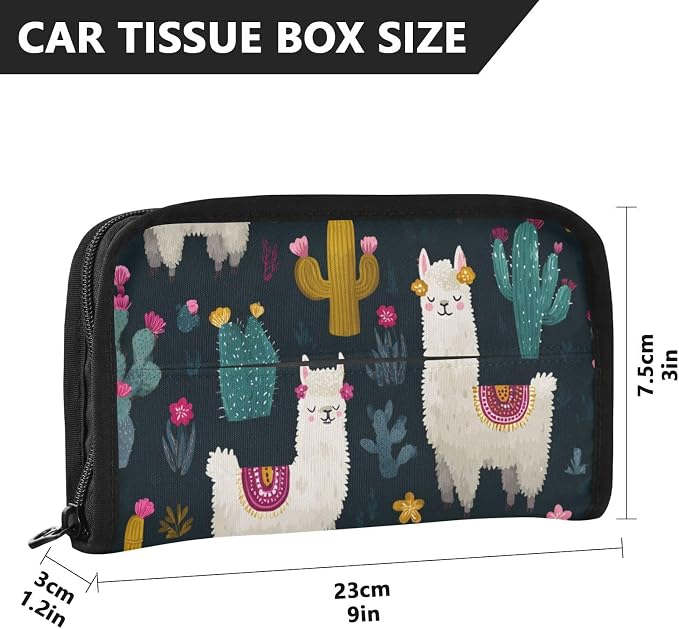 Car Tissue Holder Car Napkin Holder Car Tissue Box Dispenser Storage Case Sun Visor Mask Holder with Adjustable Straps Reusable Refillable White Llama Green Cactus - Image 4
