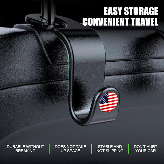 4 Pack Headrest Hooks for Vehicle Seats, Black/Red Flag | rear-row hanging storage, supports bags coats and groceries, fits matching headrest posts, interior accessory - Image 4