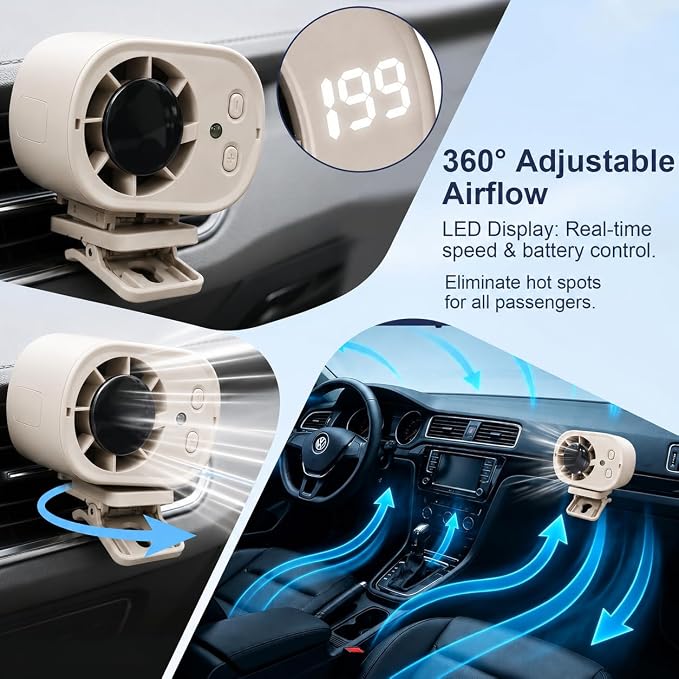 Clip On Air Conditioner for Car, 2026 Portable Car Air Conditioner 360° Rotation 199 Speeds Silent Mini Bladeless Fan with Led Lights Clip On Fan for Cars Work Camping (Black) - Image 6