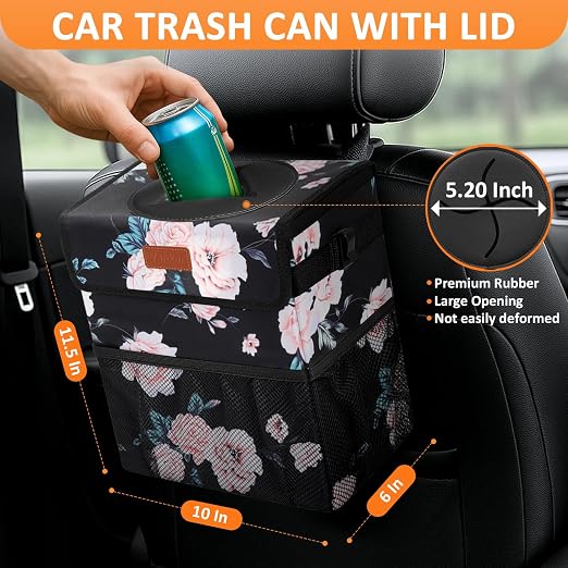 Vankor Car Trash Can with Lid Leak Proof Car Accessories for Women | 3 Gallon Cute Hanging Car Trash Bin for Men Car Truck Vehicle Sedan Interior Automotive Garbage Cans, Black Floral - Image 2