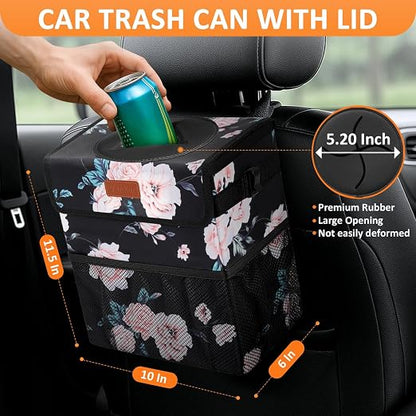 Vankor Car Trash Can with Lid Leak Proof Car Accessories for Women | 3 Gallon Cute Hanging Car Trash Bin for Men Car Truck Vehicle Sedan Interior Automotive Garbage Cans, Black Floral - Image 2
