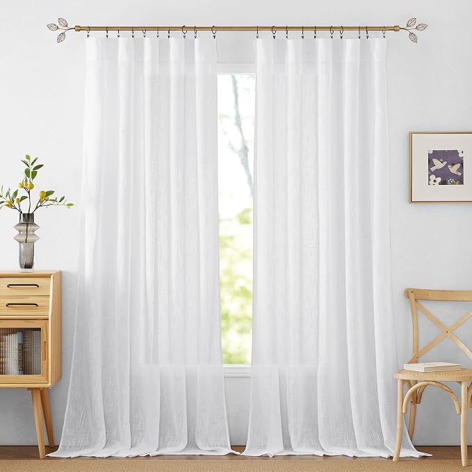 RYB HOME Sheer Linen Textured Curtains 95 inches Long for Patio Door | Semi Sheers Drapes Light Airy Fabric, Light Airy, Breathable Fabric, for Living Room Dining, White, W70 x L95, 2 Panels by RYBHOME