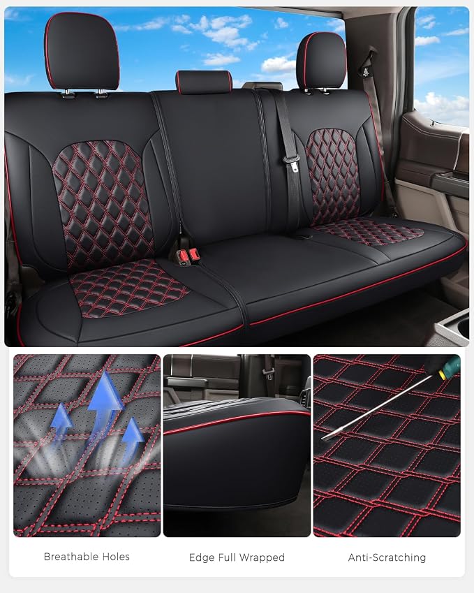 Huidasource Tacoma Back Row Seat Covers, Split Rear Bench Leather Seat Cover Fit for 3rd Gen Toyota Tacoma 2016-2023 Double & Crew Cab SR SR5 Limited TRD Sport/Pro/Off Road (Back Row/Black&Red) - Image 5