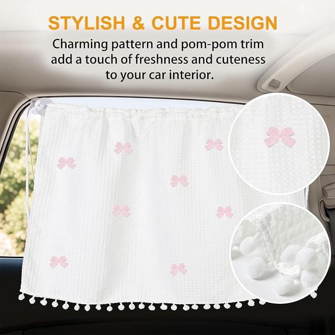Car Side Window Sun Shade, Cute Blackout Car Window Shade Privacy Curtain for Baby, Automative UV Protection Window Shades with Suction Cup for Back Seat (Pink Bow Tie) - Image 5