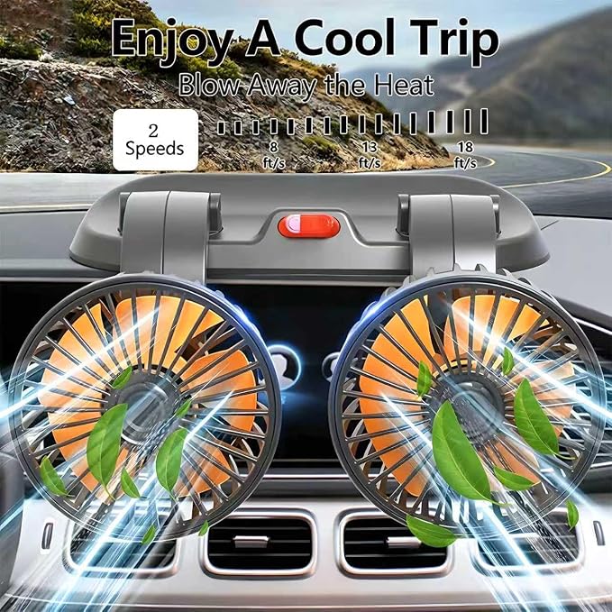 Dual Head 24V Heavy Duty Car Fan with Cigarette Lighter Plug, 2-Speed Portable Vehicle Cooling Fan, 360° Rotatable Dashboard Air Circulator for Semi Truck Tractor Bus RV, Powerful Airflow - Image 3