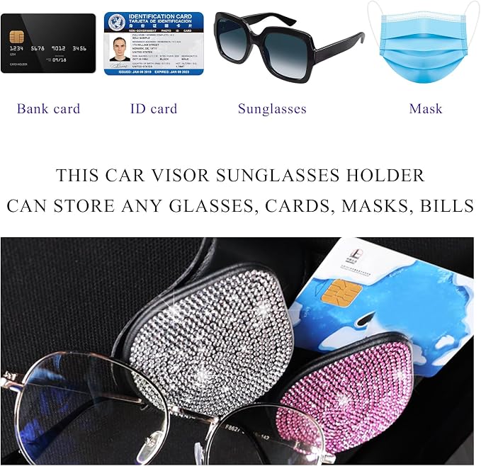 KVAEY Bling Sunglass Holder for Car Visor, Magnetic Leather Visor Clip Glasses Holder with Sparkling Rhinestones, Crystal Visor Ticket Card Clip for Women Girls, Car Accessories (Pink & White) - Image 5