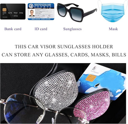 KVAEY Bling Sunglass Holder for Car Visor, Magnetic Leather Visor Clip Glasses Holder with Sparkling Rhinestones, Crystal Visor Ticket Card Clip for Women Girls, Car Accessories (Black) - Image 5